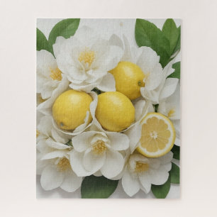 Witte bloemen, citroenen en groene bladeren op wit legpuzzel