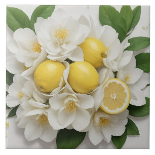 Witte bloemen, citroenen en groene bladeren op wit tegeltje