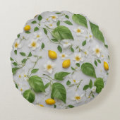 Witte Bloemen Citroenen Groen Blad Patroon op Wit Rond Kussen (Voorkant)