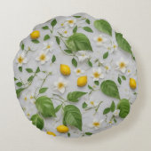 Witte Bloemen Citroenen Groen Blad Patroon op Wit Rond Kussen (Achterkant)
