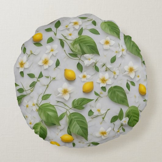Witte Bloemen Citroenen Groen Blad Patroon op Wit Rond Kussen (Achterkant)