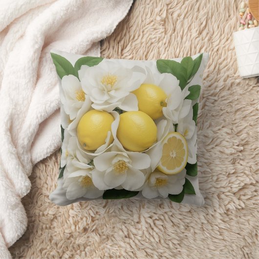 Witte Bloemen, Citroenen & Groene Bladeren op Wit Kussen (Deken)