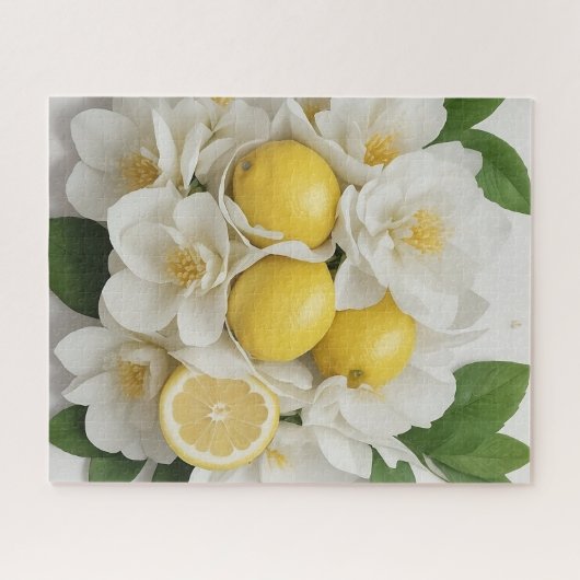 Witte bloemen, citroenen & groene bladeren op wit legpuzzel (Horizontaal)