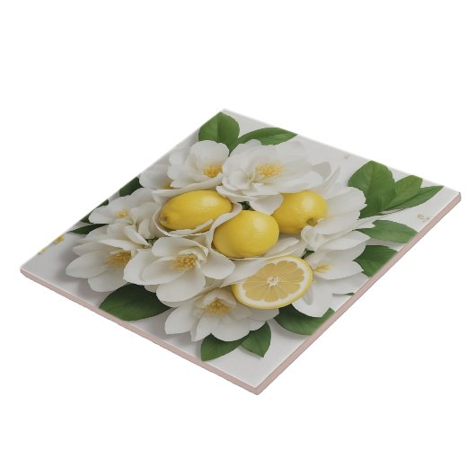 Witte bloemen, citroenen & groene bladeren op wit tegeltje (Zijkant)