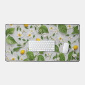 Witte Bloemen Citroenen Groene bladeren Patroon op Bureaumat (Keyboard & Muis)