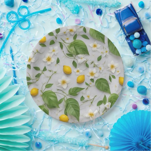 Witte Bloemen Citroenen Groene bladeren Patroon op Papieren Bordje (Feest)