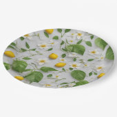 Witte Bloemen Citroenen Groene bladeren Patroon op Papieren Bordje (Gekanteld)