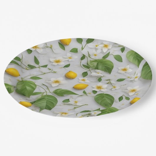 Witte Bloemen Citroenen Groene bladeren Patroon op Papieren Bordje (Gekanteld)