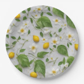 Witte Bloemen Citroenen Groene bladeren Patroon op Papieren Bordje (Voorkant)
