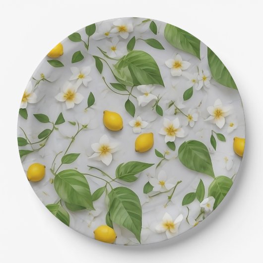 Witte Bloemen Citroenen Groene bladeren Patroon op Papieren Bordje (Voorkant)