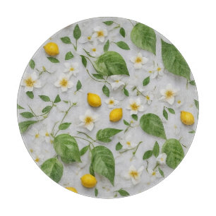 Witte Bloemen Citroenen Groene bladeren Patroon op Snijplank