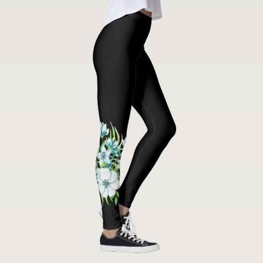 witte bloemen corsage bladeren natuur floraal zwar leggings (Rechts)