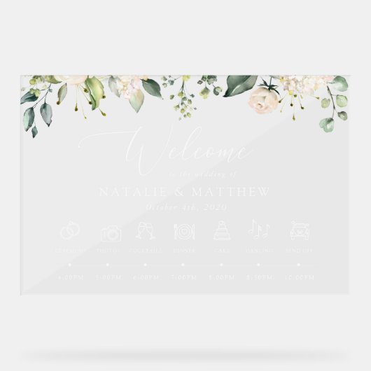 Witte Bloemen, Cream Bloemen, Bruiloft Tijdlijn Acryl Bord (Voorkant)