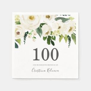 Witte bloemen & Cream Elegant 100th Birthday Servet