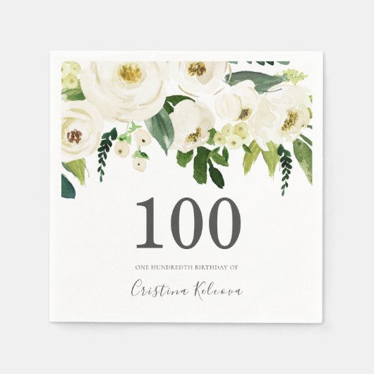 Witte bloemen & Cream Elegant 100th Birthday Servet (Voorkant)
