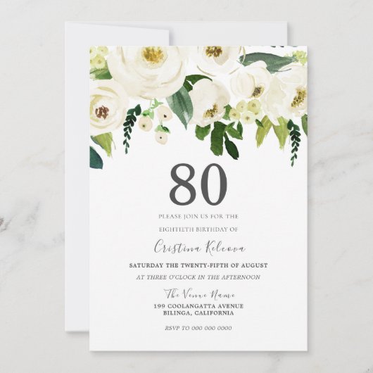 Witte bloemen & Cream Elegant 80th Birthday Party Kaart (Voorkant)