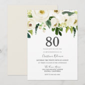 Witte bloemen & Cream Elegant 80th Birthday Party Kaart (Voorkant / Achterkant)