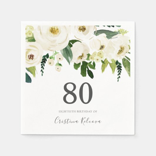 Witte bloemen & Cream Elegant 80th Birthday Servet (Voorkant)
