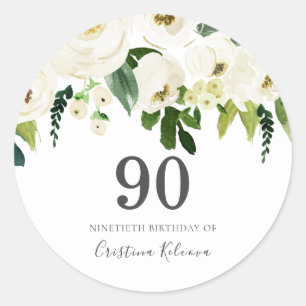 Witte bloemen & Cream Elegant 90th Birthday Ronde Sticker