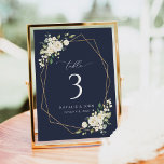 Witte bloemen, Cream Flowers, Boho, Table Numbers Kaart<br><div class="desc">Voeg een persoonlijk tintje toe aan je trouwfeest met deze stijlvolle en gedenkwaardige feestartikelen! Het ontwerp biedt witte waterverf bloemen,  groen en goudlijst op een blauw marineschool.</div>