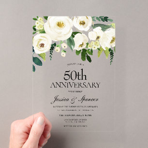 Witte Bloemen & Crème 50ste Huwelijksjubileum Acryl Uitnodigingen