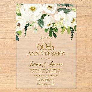 Witte Bloemen & Crème 60ste Huwelijksverjaardag Acryl Uitnodigingen