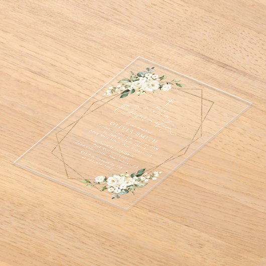 Witte Bloemen, Crème Bloemen, Boho, Communie Acryl Uitnodigingen (Laagn)