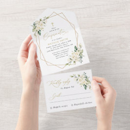 Witte Bloemen, Crème Bloemen, Boho, Communie All In One Uitnodiging