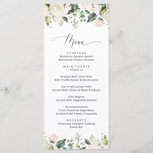 Witte Bloemen, Crème Bloemen, Bruidsfeest Menu (Voorkant)