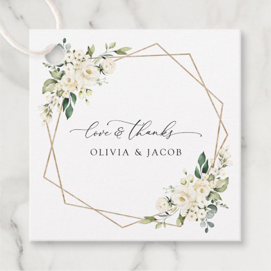 Witte Bloemen, Crème Bloemen, Groene Elementen, Tr Bedankjes Labels (Voorkant)