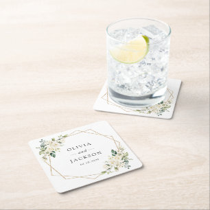 Witte Bloemen, Crème Bloemen, Groene Planten, Trou Kartonnen Onderzetters
