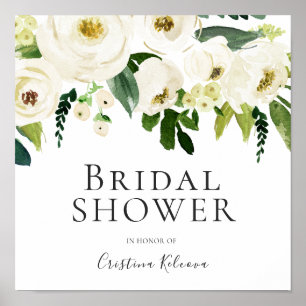 Witte Bloemen & Crème Elegant Bruiloftsborrel Bord Poster