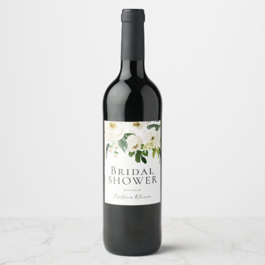 Witte Bloemen & Crème Elegante Bruiloftdouche Wijn Etiket (Voorkant)