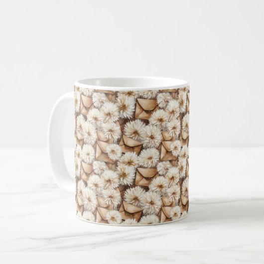 Witte Bloemen Crème Enveloppen Koffiemok (Voorkant links)