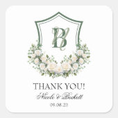 Witte Bloemen Crest Bruiloft Dank u Vierkante Sticker (Voorkant)