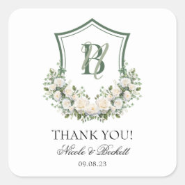 Witte Bloemen Crest Bruiloft Dank u Vierkante Sticker