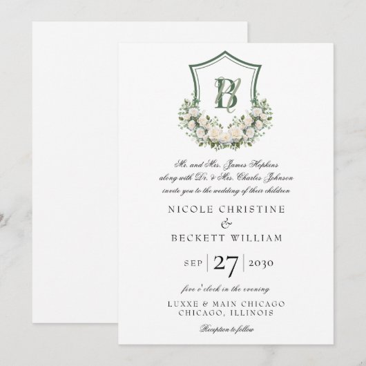 Witte Bloemen Crest Bruiloft Kaart (Voorkant / Achterkant)