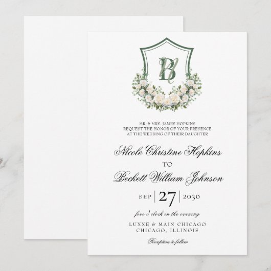 Witte Bloemen Crest Bruiloft Kaart (Voorkant / Achterkant)