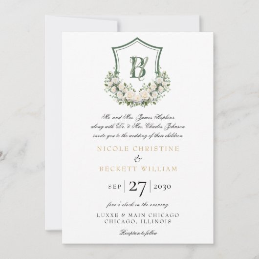 Witte Bloemen Crest Bruiloft Kaart (Voorkant)