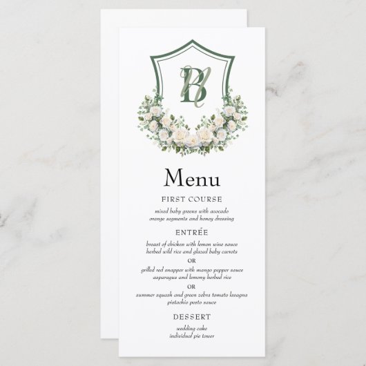 Witte Bloemen Crest Bruiloft Menu (Voorkant / Achterkant)
