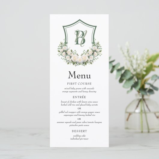 Witte Bloemen Crest Bruiloft Menu (Staand voorkant)