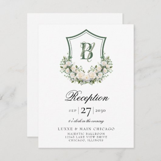 Witte Bloemen Crest bruiloft receptie Informatiekaartje (Voorkant / Achterkant)