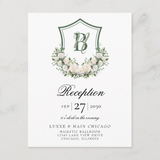 Witte Bloemen Crest bruiloft receptie Informatiekaartje (Voorkant)