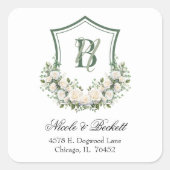 Witte Bloemen Crest Bruiloft Retouradres Vierkante Sticker (Voorkant)