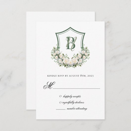 Witte Bloemen Crest Bruiloft RSVP Kaartje (Voorkant / Achterkant)