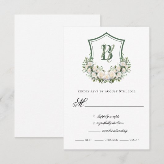 Witte Bloemen Crest Bruiloft RSVP Kaartje (Voorkant / Achterkant)