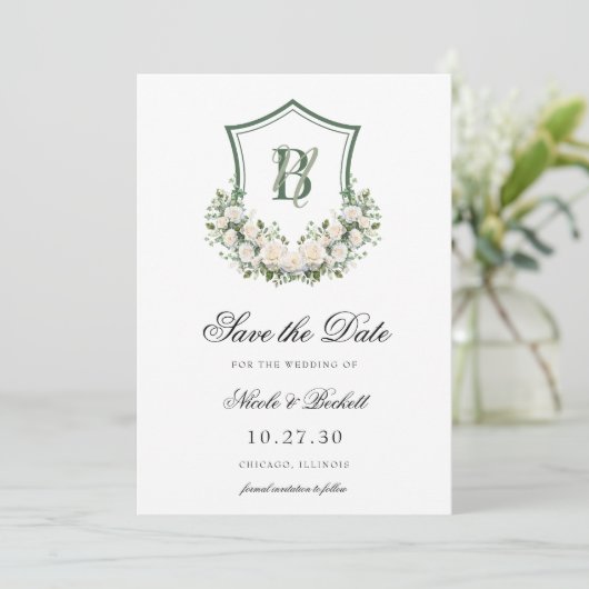 Witte Bloemen Crest Bruiloft Save The Date (Staand voorkant)
