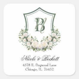 Witte Bloemen Crest Trouw Retouradres Vierkante Sticker