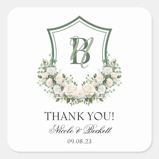 Witte Bloemen Crest Trouw Trouwkaart Vierkante Sticker (Voorkant)