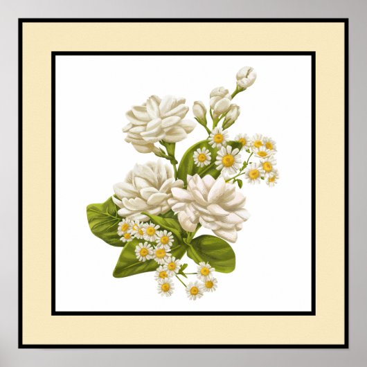 Witte Bloemen Daisies Zwart Lijnen Gele Rand Poster (Voorkant)